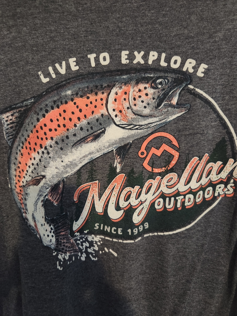 Magellan Outdoors Gray Tee with Coral and White Trout Graphic
